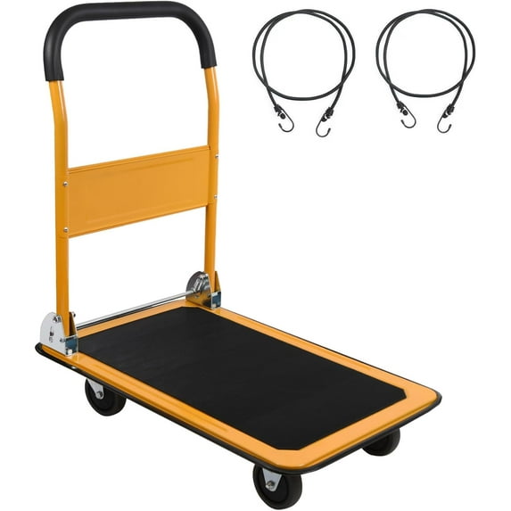 Foldable Push Cart Platform Cart 330lbs Capacity 4 Wheels 28.7x18.5x32.3inches Yellow with 2 Ropes Small Flatbed Cart