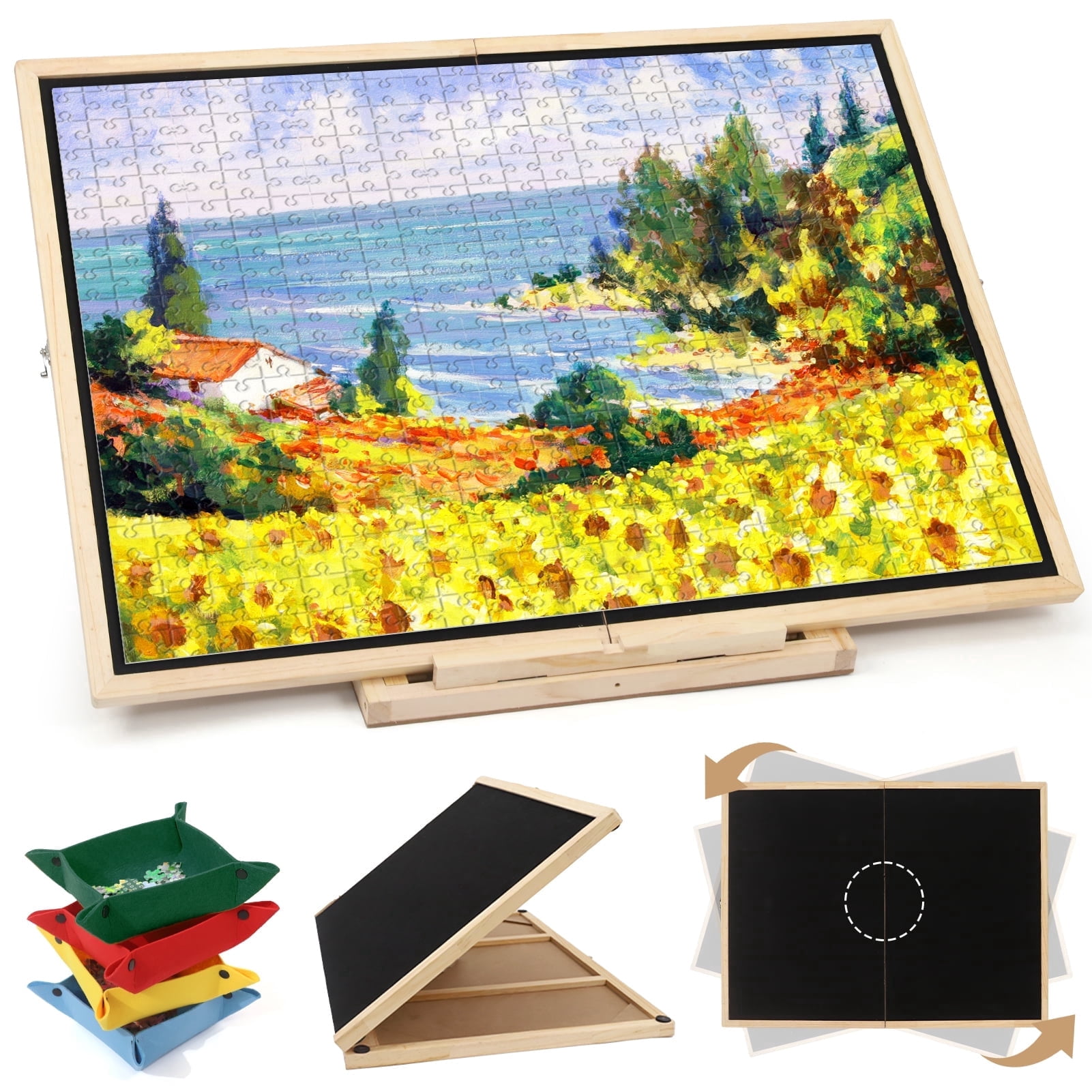 Foldable Puzzle Board 1500 Pieces, Rotating & Tilting Jigsaw Puzzle Board with 4 Non-Woven Drawers, 26x35.8'' Wooden Puzzle Table, Portable Board GameTable for Adults, Birthday Gift for Mom