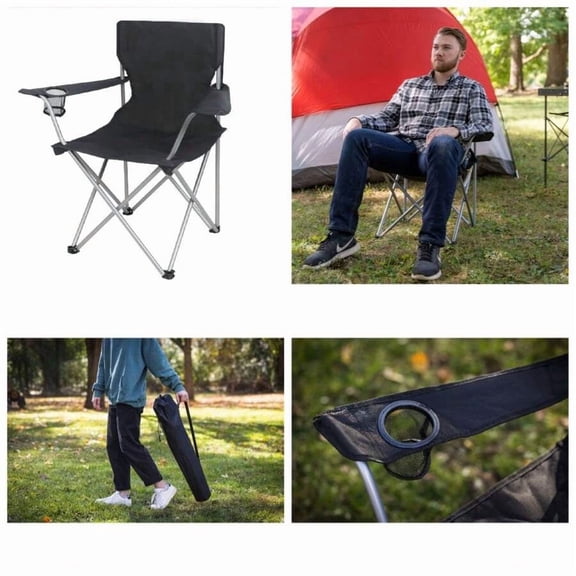 Foldable Quad Camping Chair With Cup Holder, Black
