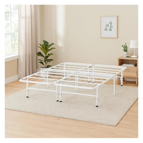 Foldable Queen Metal Bed Frame with 13-Inch Underbed Storage, Fully Assembled Steel Platform No Box Spring Needed, Squeak-Free 600 lb Capacity for Stress-Free Setup and Small Spaces, White