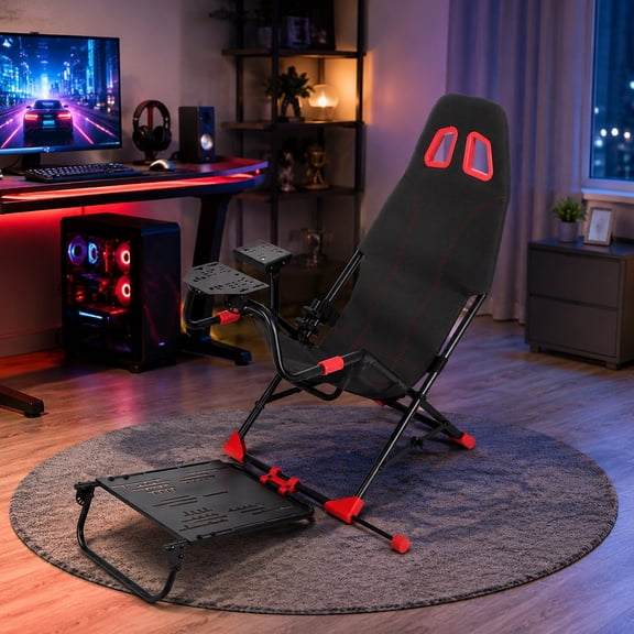 Foldable Racing Simulator Cockpit, Racing Simulator Seat with Steering Wheel Mount, Racing Sim Seat Supports All Steering Wheels & Pedals, for Real Living Space-Black