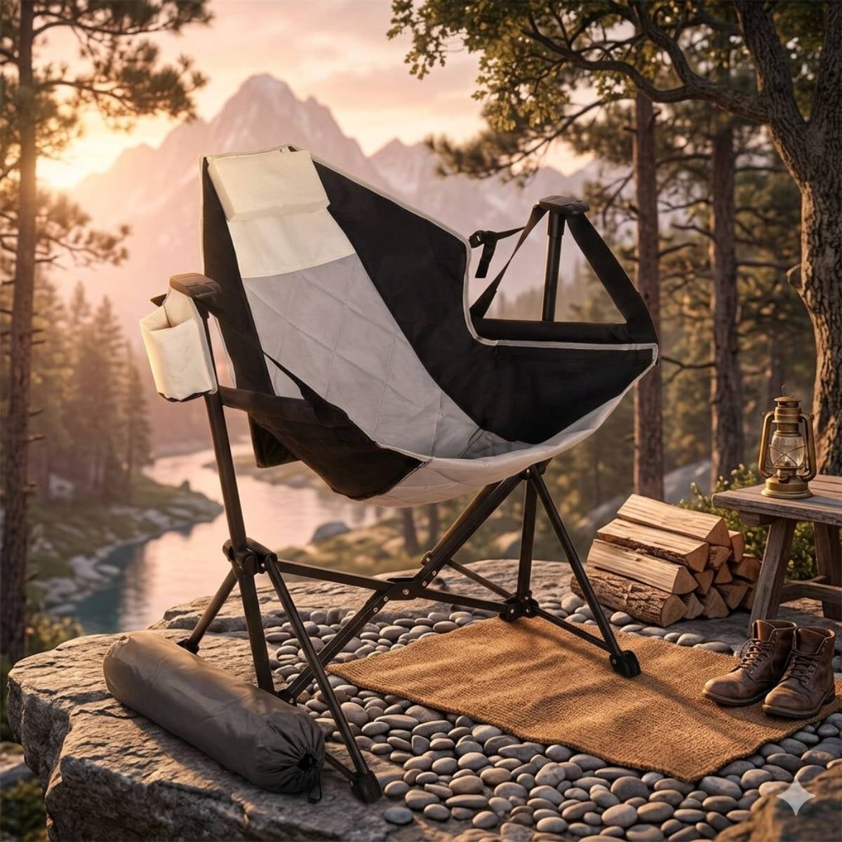 Foldable Recliner Rocking Lounger, Portable Outdoor Chair with Headrest & Drink Holder, 400lbs Heavy Duty Iron Frame for Beach Fishing Hunting Tailgating