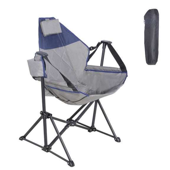 Foldable Recliner Rocking Lounger with Headrest and Drink Holder, Outdoor Rocking Chair for Beach, Lawn, Hunting, Tailgating, Fishing Blue