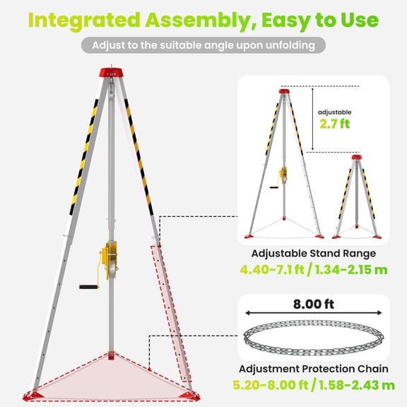 Foldable Rescue Tripod, 2600LBS Heavy Duty Tripod with Fall Arrester & Safety Harness for Tunnel
