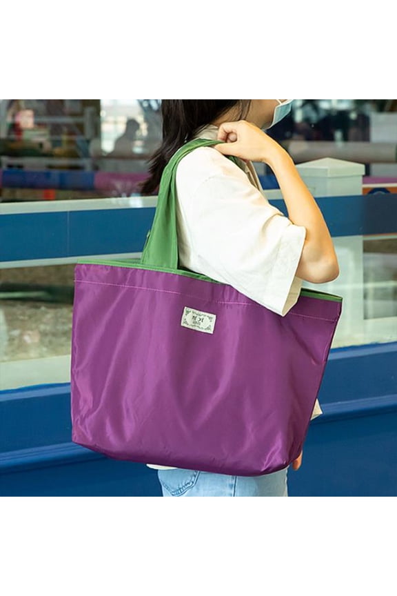 Foldable Reusable Grocery Bags with Drawstring Closure - Heavy Duty Waterproof Polyester, Large Capacity, Machine Washable, Eco-Friendly Shopping Tote for Men Women Purple