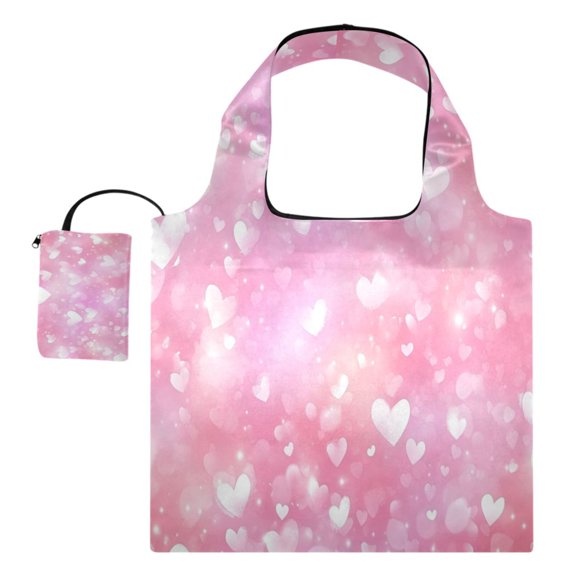 Foldable Reusable Tote Shoulder Bag - 18.1"x16.1" Grocery Bags Built-In Pouch & Card Slot for Travel, Shopping, Gifts Pink Background with Lots Of Hearts
