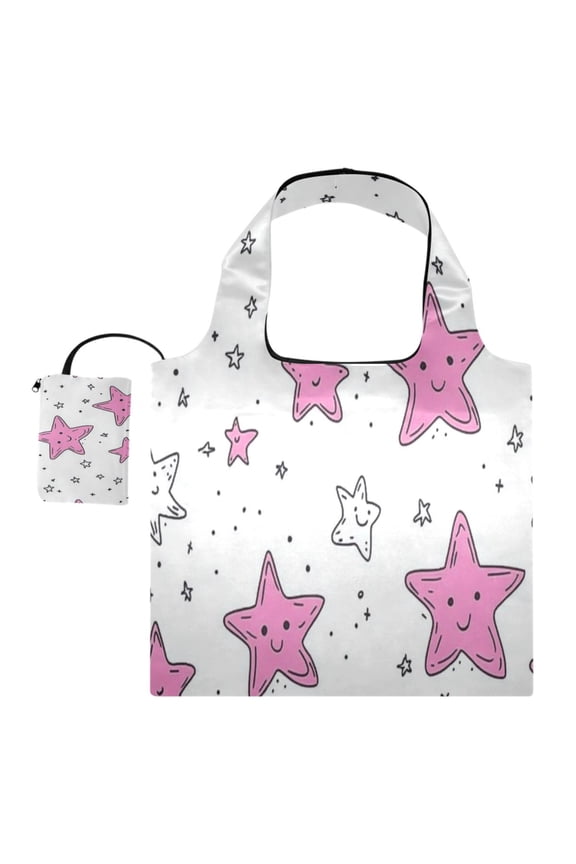 Foldable Reusable Tote Shoulder Bag - 18.1"x16.1" Grocery Bags Built-In Pouch & Card Slot for Travel, Shopping, Gifts Cartoon Five-pointed Star