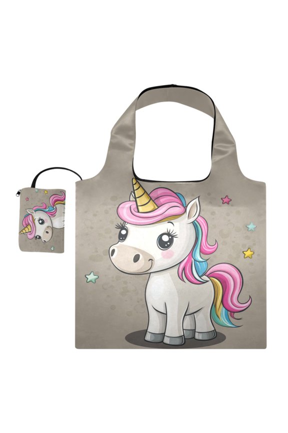 Foldable Reusable Tote Shoulder Bag - 18.1"x16.1" Grocery Bags Built-In Pouch & Card Slot for Travel, Shopping, Gifts Cartoon Unicorn