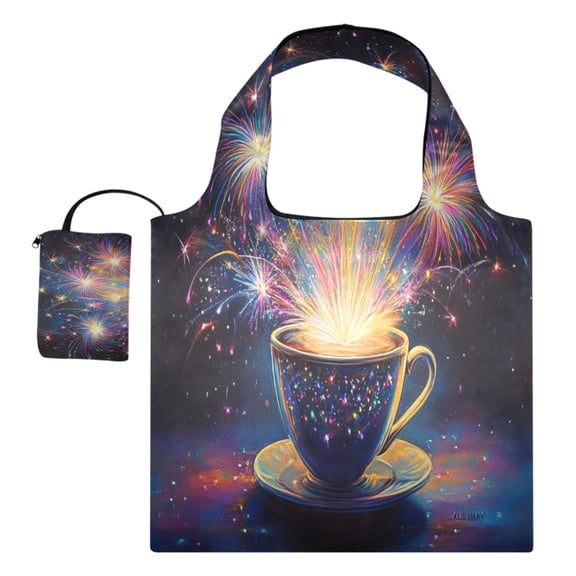 Foldable Reusable Tote Shoulder Bag - 18.1"x16.1" Grocery Bags Built-In Pouch & Card Slot for Travel, Shopping, Gifts Cup and Fireworks