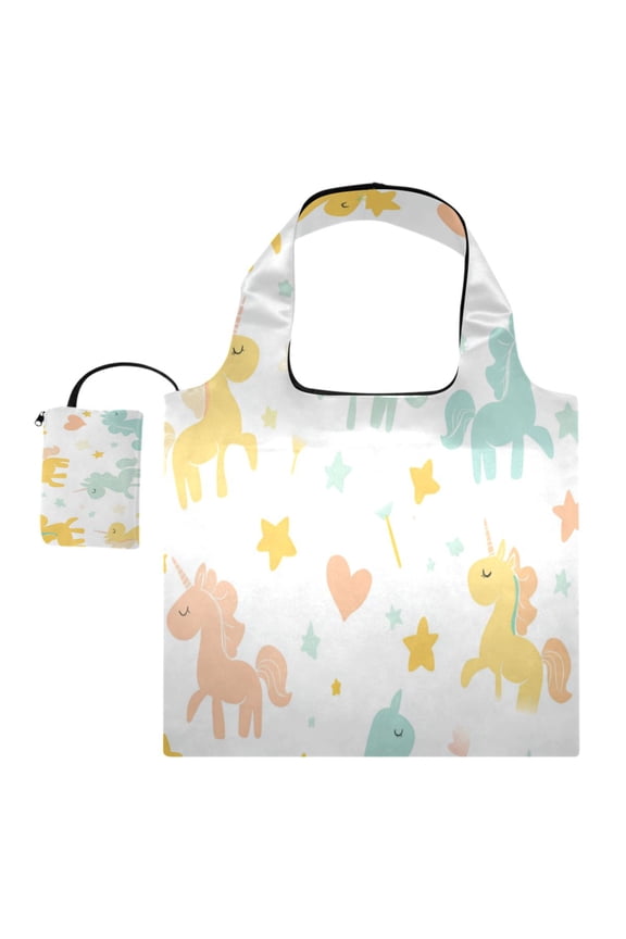 Foldable Reusable Tote Shoulder Bag - 18.1"x16.1" Grocery Bags Built-In Pouch & Card Slot for Travel, Shopping, Gifts Cute and Colorful Unicorns