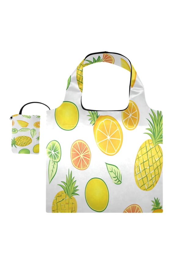 Foldable Reusable Tote Shoulder Bag - 18.1"x16.1" Grocery Bags Built-In Pouch & Card Slot for Travel, Shopping, Gifts Mangoes and Pineapples Pattern