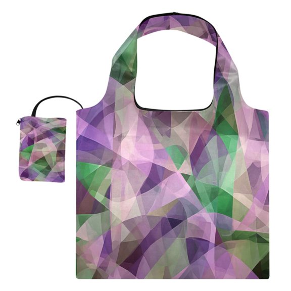 Foldable Reusable Tote Shoulder Bag - 18.1"x16.1" Grocery Bags Built-In Pouch & Card Slot for Travel, Shopping, Gifts Purple Abstract Wave Pattern