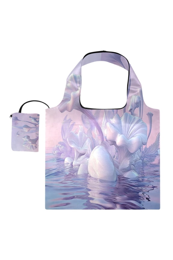 Foldable Reusable Tote Shoulder Bag - 18.1"x16.1" Grocery Bags Built-In Pouch & Card Slot for Travel, Shopping, Gifts Purple Fantasy World