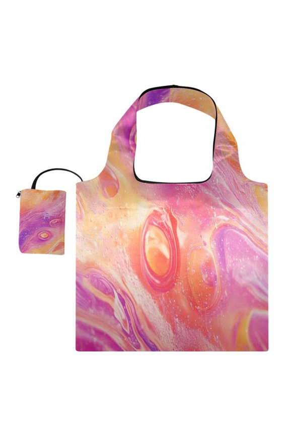 Foldable Reusable Tote Shoulder Bag - 18.1"x16.1" Grocery Bags Built-In Pouch & Card Slot for Travel, Shopping, Gifts Red Bubbles and Waves