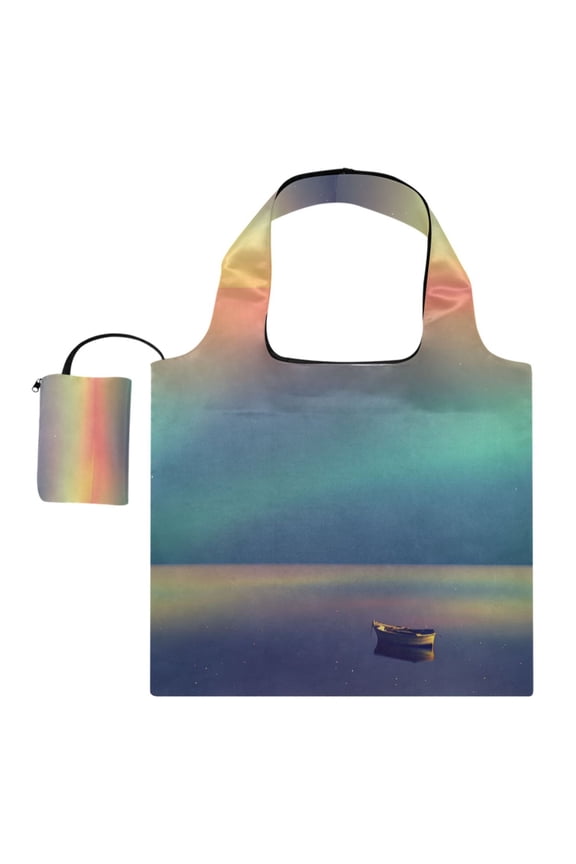 Foldable Reusable Tote Shoulder Bag - 18.1"x16.1" Grocery Bags Built-In Pouch & Card Slot for Travel, Shopping, Gifts Small Boat and The Aurora