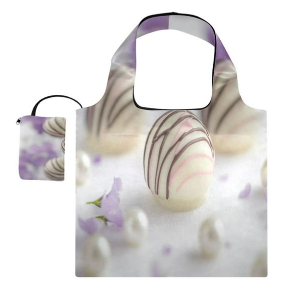 Foldable Reusable Tote Shoulder Bag - 18.1"x16.1" Grocery Bags Built-In Pouch & Card Slot for Travel, Shopping, Gifts White Chocolate Truffles