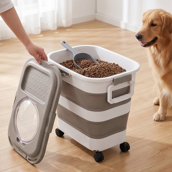 Foldable Rice Storage Container with Wheels, Airtight Grain Bin for Flour and Pet Food, Space-Saving Pantry Organizer