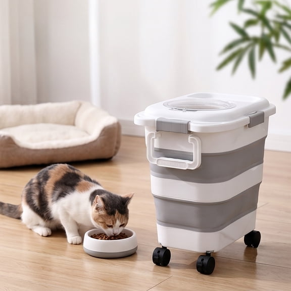 Foldable Rice Storage Container with Wheels, Airtight Grain Bin for Flour and Pet Food, Space-Saving Pantry Organizer