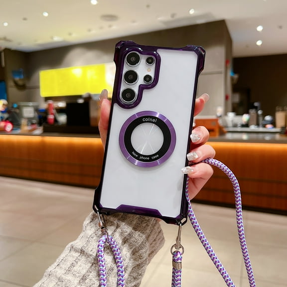 Foldable Ring for Samsung Galaxy S24 Case with Magnetic Invisible Stand [Compatible with MagSafe] Shockproof Clear Protection Phone Cover with Adjustable Crossbody Strap for Men Women, Purple
