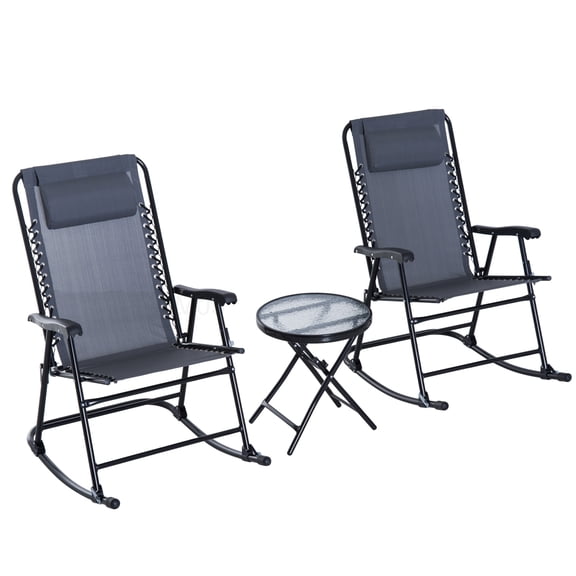 Foldable Rocking Chair Set with Glass Table, Grey Outdoor Patio Furniture for Deck, Yard