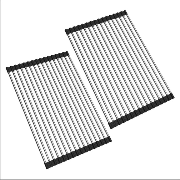 Foldable Roll-Up Dish Drying Rack Over the Sink - Stainless Steel Tubes with Non-Slip Silicon Coated Edges 8.6''x18.5'' (2 pack)