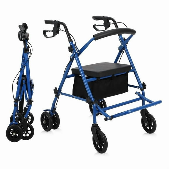 Foldable Rollator Walker with Seat for Seniors, 300 lb Capacity, Adjustable Height Aluminum Rollator & Transport Wheelchair in One, with Brakes & Backrest