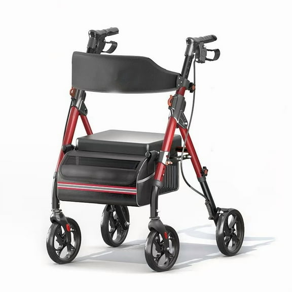 Foldable Rollator Walker with Seat for Seniors, 350 lb Capacity, 8" All-Terrain Wheels, 6-Position Adjustable Height, Hybrid Aluminum & Carbon Steel Rolling Walker, Red