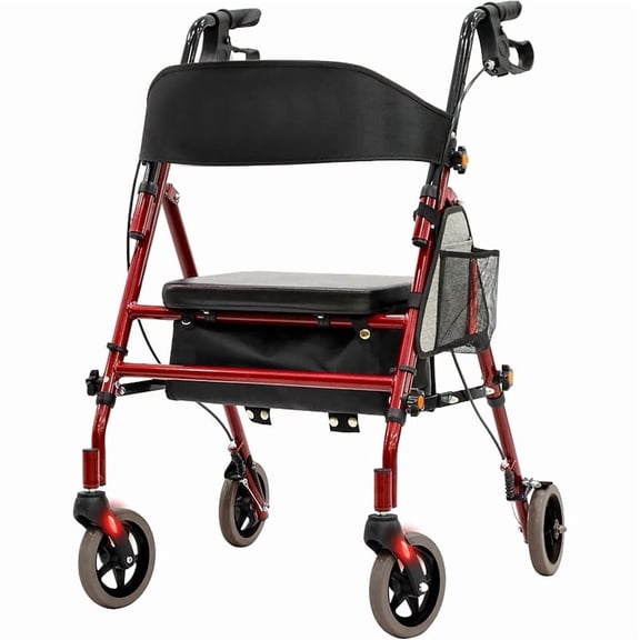 Foldable Rollator Walker with Seat for Seniors, Lightweight Aluminum & Carbon Steel Rolling Walker, 350 lb Capacity, 5-Position Height Adjustable, Red