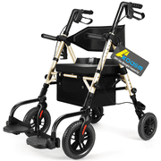 Foldable Rollator Walker for Seniors with Seat, Lightweight 2 In 1 Rolling Walkers Wheelchair Combo for Adult, Transport Chair with Brakes, Adjustable Seat and Handle, 300 Lb. Weight Capacity