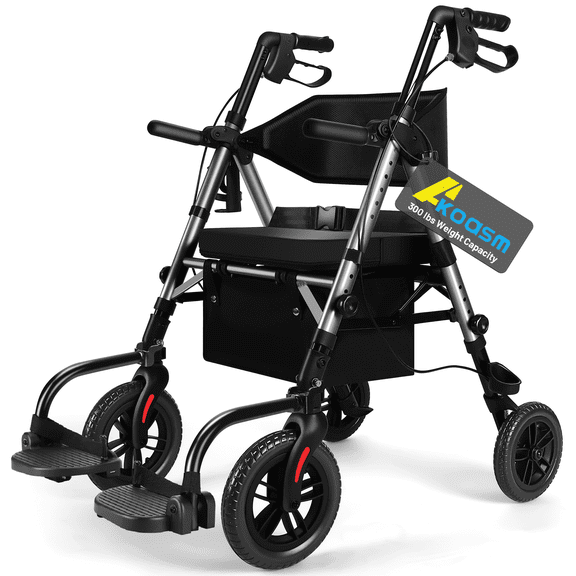 Foldable Rollator Walker for Seniors with Seat, Lightweight 2 In 1 Rolling Walkers Wheelchair Combo for Adult, Transport Chair with Brakes, Adjustable Seat and Handle, 300 Lb. Weight Capacity