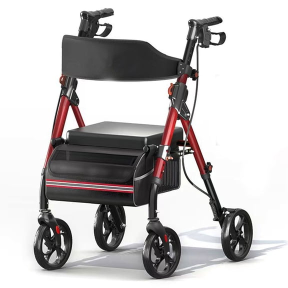 Foldable Rollator Walker with Seat, 350lb Capacity, 8in All-Terrain Wheels, Dual Storage, Red