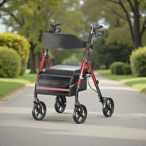 Foldable Rollator Walker with Seat for Seniors, 350lb Capacity with 8" All-Terrain Wheels, 6-Position Height Adjustable Aluminum & Carbon Steel Frame