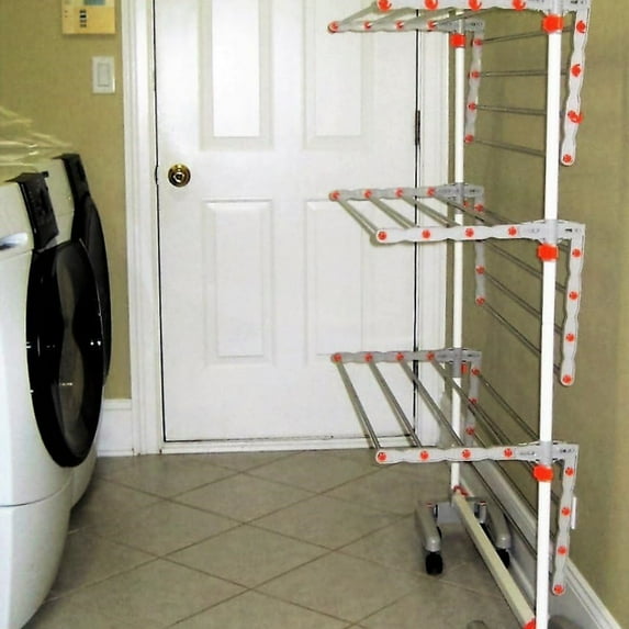 Foldable Rolling 3-Tier Clothes Laundry Drying Rack with Stainless Steel Hanging Rods, Collapsible Shelves and Base for Easy Storage, Made-in-Korea, Premium Size, Orange