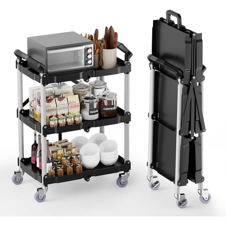 Foldable Rolling Cart, 3 Tier Portable Utility Service Carts with Wheels Lockable Handles for Storage Restaurant Warehouse Garage 180LBS Capacity