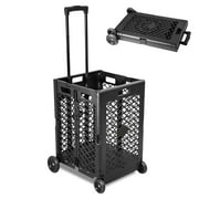 Foldable Rolling Cart with Wheels, Folding Heavy Duty Collapsible Basket with Telescopic Handle, 66 lbs Capacity Rolling Crate for Shopping, Luggage, Travel, Laundry, Black