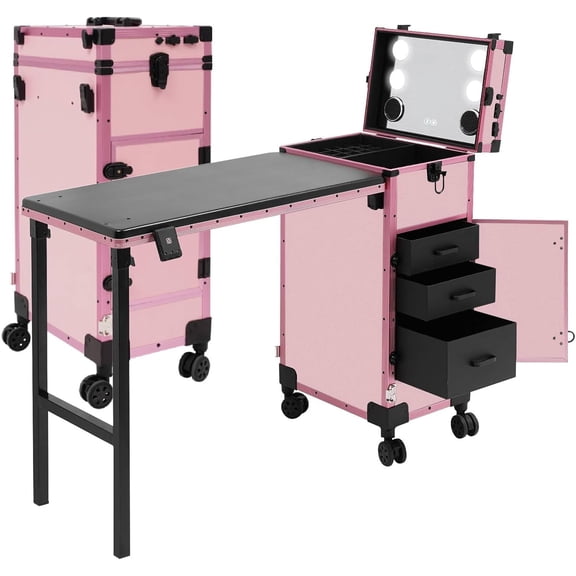 Foldable Rolling Manicure Table with Mirror and Lights, Portable Nail Desk with 3 Drawers, Lock & Wheels, Travel Vanity Station for Makeup Artists & Beauty Lovers (Pink)