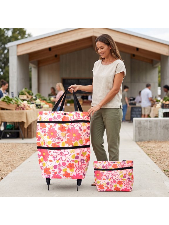 Foldable Rolling Shopping Tote Bag with Wheels Floral Print Portable Grocery Bag Wheeled Shopping Bag for Groceries Travel