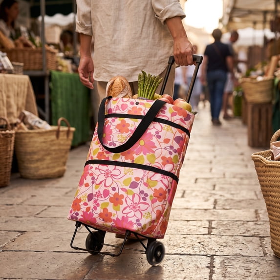 Foldable Rolling Shopping Tote Bag with Wheels Floral Print Portable Grocery Cart Travel