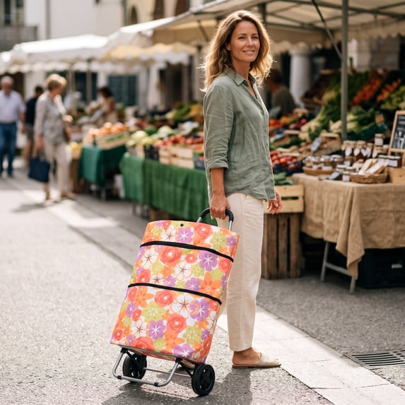 Foldable Rolling Shopping Tote Bag with Wheels Floral Print Portable Grocery Cart Travel