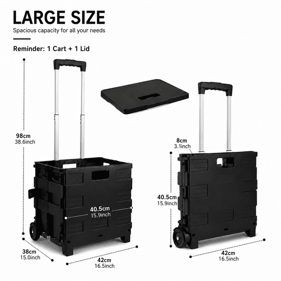 Foldable Rolling Storage Cart with Lid – Heavy Duty Portable Organizer with Wheels and Telescopic Handle for Home, Kitchen, Office, Garage, Balck Large Size