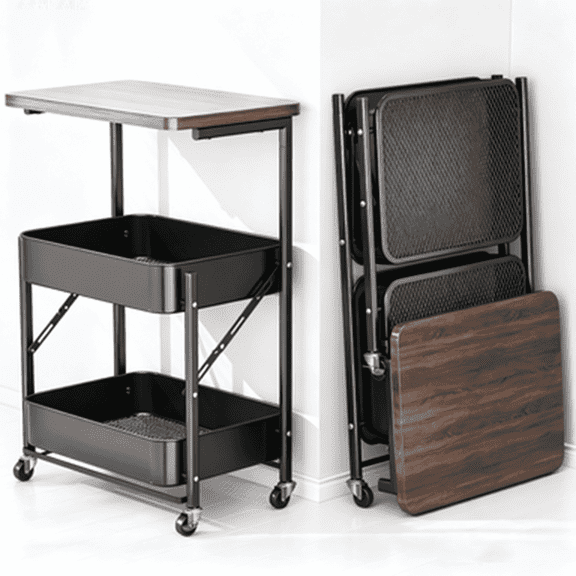 Zehiseta Rolling Storage Cart 2 Tier Mesh Basket Wooden Tabletop Foldable Mobile Utility Trolley