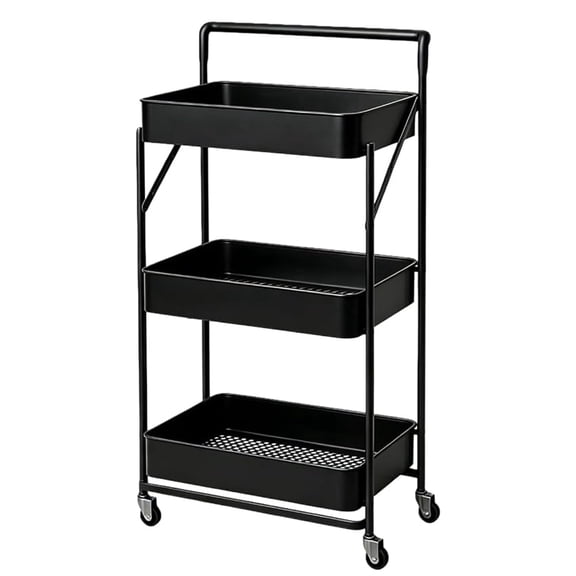 Foldable Rolling Utility Cart with Handle, 3-Tier No Assembly Metal Folding Storage Trolley for Bathroom, Kitchen, Snacks, Craft, Makeup, Books, Black and White