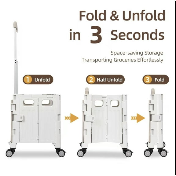 Foldable Rolling Utility Cart with 360 Wheels, Collapsible Crate with Telescopic Handle & Lid for Travel, Grocery, Office (Gray))