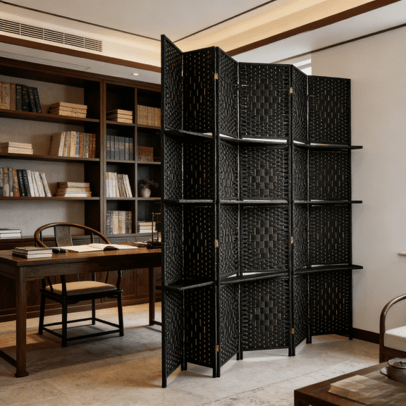 Foldable Room Divider With Storage Shelves 106In Max Hand Woven Fiber Poplar Wood Frame Black 2 Shelves Privacy Screen No Assembly Portable Multipurpose Background Wall Sun Block Door Easy Store