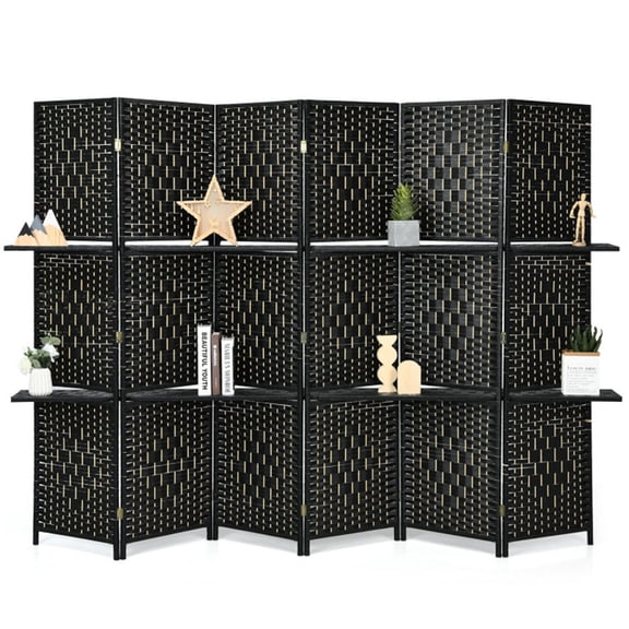 Foldable Room Screen with Storage Shelves - 106.5"x71" Max Size, Hand-Woven Fiber & Poplar Wood Frame, Black