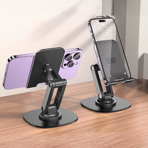 Foldable Rotating Aluminum Alloy Cell Phone Desktop Stand, Multi-Functional Adjustable Universal Smartphone Holder with Heavy Duty Metal Base