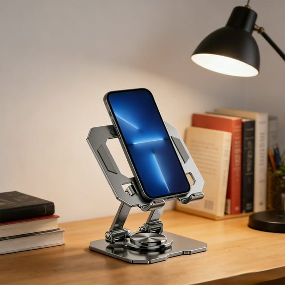 Foldable Rotating Metal Phone & Tablet Desktop Stand - Portable Adjustable Holder for Smartphones & Tablets, Durable Metal Construction, Perfect Table Supplies for Home, Office & Travel Use, Silver