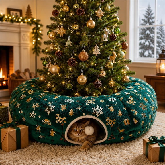Foldable Round Donut Tunnel Cat Bed Cozy Cave Play Tube for Indoor Kitten Rest and Entertainment, It can also be used as a Christmas tree skirt—a Christmas gift for your cat.(Green)
