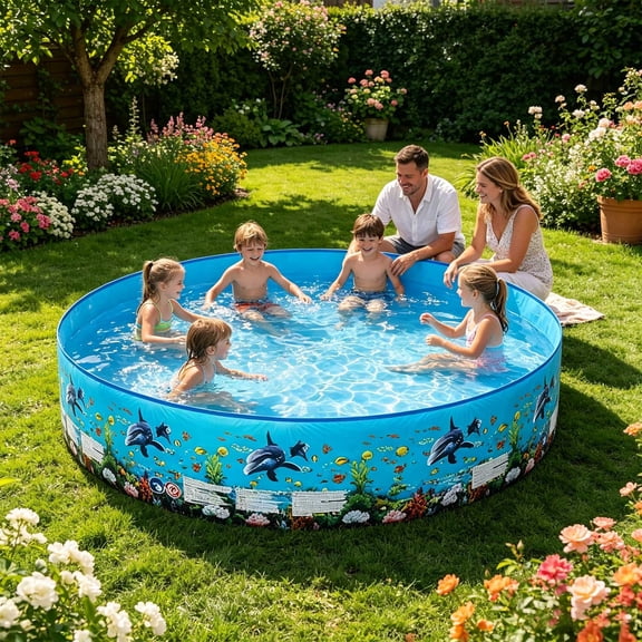 Foldable Round Pool No Inflation Required, Outdoor Water Play Tub, Round Ocean Print Swimming Pool, Hard Plastic Swimming Pool, Pet Bathing Basin