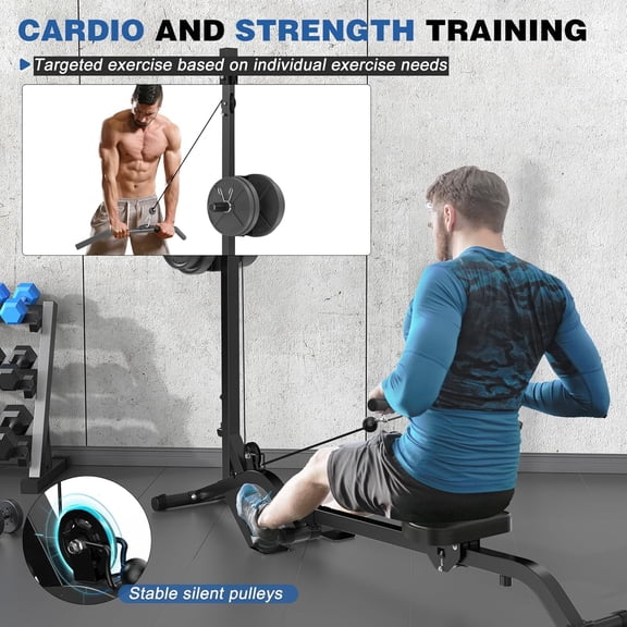 Foldable Rowing  with Adjustable Resistance and Lat Pull Down for Home Gym